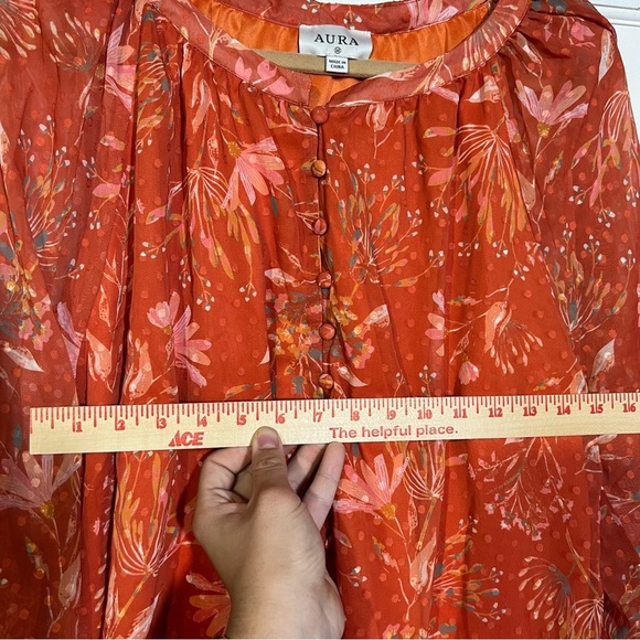 Aura Floral Blouse Autumn Red Orange Pleated Size Medium - Picture 7 of 7